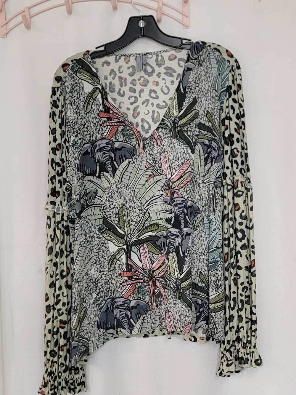 V-Neck Mixed Print Blouse in Cream with Pastel Accents